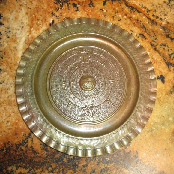 Vntg Hammered Copper Mayan Wall Hanging 8" Plate